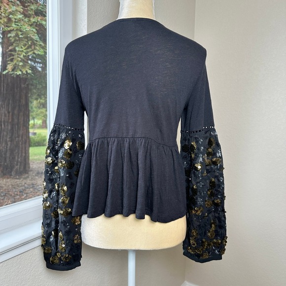 Anthropologie Neale Sequin Embellished Top XS Black Gold Bell Peplum Hem Cropped - Picture 3 of 10